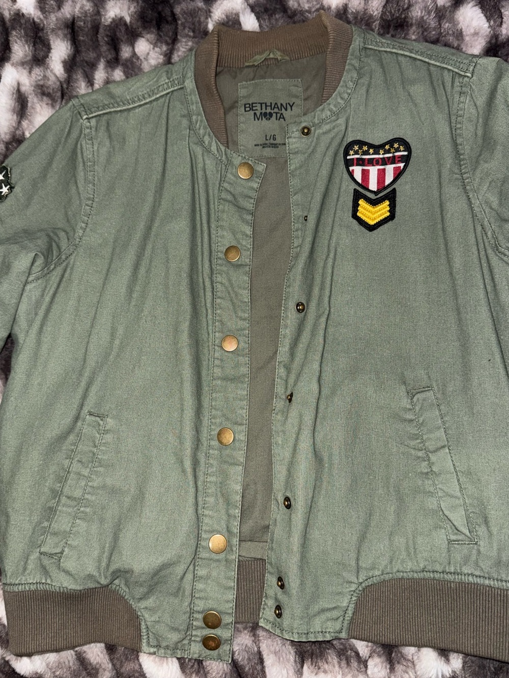 BETHANY MOTA Army Green Military Patch Bomber Jacket
